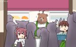  2girls 6+others alternate_costume animalization apron bear bow box brown_eyes brown_hair character_request clothes_writing commentary_request cowboy_shot dated green_apron groceries hair_bow hamu_koutarou highres kamikaze_(kantai_collection) kantai_collection kuma_(kantai_collection) long_hair milk_carton multiple_girls multiple_others ooi_(kantai_collection) purple_hair spring_onion sweater the_yuudachi-like_creature upper_body white_sweater yellow_bow 