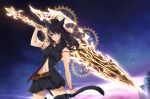  1girl :3 animal_ears belt black_hair blurry blurry_background boots bracelet cat_ears cat_tail choker commission earrings facial_mark final_fantasy final_fantasy_xiv holding holding_sword holding_weapon jewelry long_hair looking_at_viewer miqo&#039;te navel ponytail rinminii signature skirt sky sleeveless slit_pupils smile solo standing star_(sky) starry_sky strap_slip sword tail thigh-highs thigh_boots violet_eyes weapon whisker_markings 