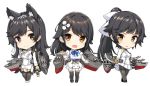  3girls :d :o animal_ear_fluff animal_ears atago_(azur_lane) azur_lane black_footwear black_hair black_legwear blue_bow blush bow breasts brown_eyes chibi choukai_(azur_lane) closed_mouth commentary_request hair_bow hair_ornament high_ponytail holding holding_plate holding_sheath holding_sword holding_weapon jacket katana large_breasts long_hair machinery multiple_girls open_mouth pantyhose parted_lips plate pleated_skirt ponytail sheath sheathed shoes simple_background skirt smile sword takao_(azur_lane) takayaki thigh-highs very_long_hair weapon white_background white_bow white_footwear white_jacket white_skirt 