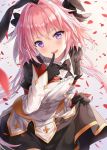  1boy astolfo_(fate) astolfo_(saber)_(fate) bangs black_bow black_dress black_gloves black_neckwear black_ribbon blush bow bowtie buttons dress fang fate/grand_order fate_(series) gloves hair_between_eyes hair_bow hair_intakes hair_ribbon highres hitsukuya index_finger_raised juliet_sleeves layered_skirt long_hair long_sleeves looking_at_viewer low_twintails multicolored_hair open_mouth otoko_no_ko petals pink_hair puffy_sleeves ribbon skirt smile solo streaked_hair twintails violet_eyes white_hair white_skirt wide_sleeves wing_collar 