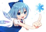  blue_dress blue_eyes blue_hair blue_ribbon bow cirno dress hair_bow ice ice_wings kirisita looking_at_viewer open_mouth pointing puffy_short_sleeves puffy_sleeves ribbon shirt short_hair short_sleeves smile snow snowflakes touhou white_background white_shirt wings 