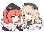  2girls aa-12_(girls_frontline) bangs beret blue_eyes candy food fur_trim girls_frontline hair_ornament hat holding holding_food lollipop looking_at_another mp7_(girls_frontline) multiple_girls open_mouth redhead simple_background star star_hair_ornament tongue tongue_out white_background yellow_eyes zocehuy 