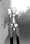 1boy alley alternate_costume black_gloves choker circle_a collarbone earrings fate/grand_order fate_(series) fingerless_gloves gloves graffiti greyscale hair_between_eyes jewelry karna_(fate) looking_at_watch male_focus monochrome outdoors ring signature solo spot_color stairs standing watch 