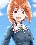  1girl :d bangs blue_jacket blue_sky brown_eyes brown_hair clouds cloudy_sky commentary eyebrows_visible_through_hair girls_und_panzer green_shirt highres jacket kitayama_miuki long_sleeves looking_at_viewer military military_uniform nishizumi_miho ooarai_military_uniform open_mouth shirt short_hair sky smile solo throat_microphone uniform upper_body 