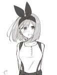  1girl :d bangs blush breasts collarbone eyebrows_behind_hair go-toubun_no_hanayome greyscale hair_between_eyes hair_ribbon highres kujou_karasuma looking_at_viewer medium_breasts monochrome nakano_yotsuba open_mouth ribbon shirt sidelocks simple_background smile solo striped suspenders upper_body vertical_stripes white_background 