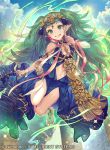  1girl barefoot bracelet braid clouds fire_emblem fire_emblem:_three_houses fire_emblem_cipher green_eyes green_hair hair_ornament jewelry navel official_art pointy_ears sky solo sothis_(fire_emblem) sparkle teeth umiu_geso 