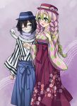  1boy 1girl :d animal artist_name bangs black_hair blue_eyes blue_hakama blue_headwear blush braid breasts checkered checkered_kimono covered_mouth eyebrows_visible_through_hair floral_print flower gradient_hair green_eyes green_hair hair_between_eyes hakama hands_up hat hat_flower heart highres iguro_obanai japanese_clothes kanroji_mitsuri kimetsu_no_yaiba kimono long_hair long_sleeves medium_breasts mole mole_under_eye mono_land multicolored_hair one_eye_closed open_mouth pink_eyes pink_flower pink_hair print_hakama red_hakama red_headwear shirt signature smile snake striped tri_braids vertical-striped_kimono vertical_stripes very_long_hair white_shirt white_snake wide_sleeves 