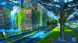  artist_name car city commentary_request crosswalk fantasy ground_vehicle highres huge_filesize moss motor_vehicle no_humans original overgrown railroad_tracks ruins scenery sidewalk sign tokyo_(city) tokyogenso train translation_request 