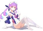  1girl ahoge azur_lane bare_shoulders breasts collarbone commentary_request detached_sleeves double-breasted gloves hair_ribbon hololive long_hair looking_at_viewer maid_headdress medium_breasts minato_aqua multicolored_hair neckerchief one-piece_swimsuit open_mouth purple_hair purple_neckwear purple_ribbon purple_sailor_collar ribbon sailor_collar simple_background sitting solo streaked_hair swimsuit swimsuit_skirt thigh-highs twintails v violet_eyes virtual_youtuber white_background white_gloves white_legwear zhiyou_ruozhe 