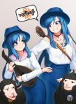  2girls blue_eyes blue_hair blue_headwear blush cain_(gunnermul) choker closed_mouth collarbone copyright_name eyebrows_visible_through_hair hat highres long_hair looking_at_another mabinogi multiple_girls parted_lips pouty_lips sheep smile speech_bubble 