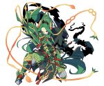  androgynous armor dual_wielding facial_mark fighting_stance forehead_mark full_body gold_trim greaves green_hair holding holding_weapon long_hair personification pokemon ponytail rayquaza red_eyes simple_background smile standing very_long_hair weapon white_background zazaki 