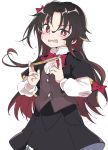  1girl black_hair black_skirt bow fan fang hair_between_eyes hair_bow ixy long_hair long_sleeves multicolored_hair open_mouth red_bow red_eyes redhead ryuuou_no_oshigoto! simple_background skirt solo two-tone_hair wavy_mouth white_background yashajin_ai 