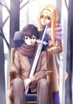  1boy 1girl alice_schuberg amputee black_eyes black_hair blank_eyes blonde_hair blue_eyes branch closed_mouth coat enchuu forest hair_between_eyes hairband headband highres holding holding_sword holding_weapon kirito looking_at_another nature outdoors pants scarf short_hair sidelocks sitting smile sword sword_art_online sword_art_online_alicization tree_trunk weapon wheelchair white_hairband 