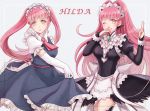  2girls alternate_costume bridal_gauntlets character_name closed_mouth cute dress dual_persona elbow_gloves felicia_(fire_emblem) felicia_(fire_emblem)_(cosplay) felicia_(fire_emblem_if) felicia_(fire_emblem_if)_(cosplay) fire_emblem fire_emblem:_three_houses fire_emblem:_three_houses fire_emblem_14 fire_emblem_16 fire_emblem_fates fire_emblem_if gem gloves hilda_valentine_goneril intelligent_systems juliet_sleeves kobayashi-san_chi_no_maidragon long_hair long_sleeves maid maid_headdress multiple_girls nintendo one_eye_closed pink_eyes pink_hair ponytail puffy_sleeves short_sleeves simple_background smile tooru_(maidragon) tooru_(maidragon)_(cosplay) twintails white_gloves youhe_qri 