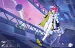  1girl fogriver hair_ornament jacket open_mouth original pink_hair planet satellite shoes sneakers tail violet_eyes 