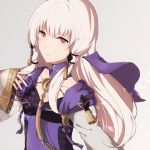  1girl closed_mouth dress fire_emblem fire_emblem:_three_houses gradient gradient_background hair_ornament highres long_hair long_sleeves lysithea_von_ordelia miroia pink_eyes simple_background solo upper_body white_hair 