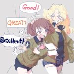  2girls afterimage alisa_(girls_und_panzer) bangs black_shirt black_shorts blonde_hair blue_eyes blue_shorts brown_eyes brown_hair brown_jacket commentary denim denim_shorts emblem english_text eyebrows_visible_through_hair freckles frown girls_und_panzer grey_background grin hair_intakes hair_ornament hand_in_pocket hand_on_another&#039;s_back hand_on_another&#039;s_head hand_on_another&#039;s_shoulder jacket kay_(girls_und_panzer) leaning_forward long_hair long_sleeves looking_at_another military military_uniform mituki_(mitukiiro) motion_lines multiple_girls open_clothes open_jacket open_mouth saunders_military_uniform shirt short_hair short_shorts short_twintails shorts sketch smile standing star star_hair_ornament thigh-highs twintails uniform white_legwear 