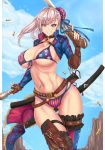  1girl american_flag_bikini ass_visible_through_thighs asymmetrical_gloves asymmetrical_legwear bangs belt bikini black_choker blue_eyes blue_ribbon blue_sky blush boots breasts brown_footwear brown_gloves bullet bun_cover choker clouds commentary day eyebrows_visible_through_hair fate/grand_order fate_(series) fingerless_gloves flag_print front-tie_bikini front-tie_top gloves grin gun hair_bun hair_ribbon hand_up highres holding holding_gun holding_weapon large_breasts leg_garter long_hair long_sleeves looking_at_viewer mickey_dunn miyamoto_musashi_(fate/grand_order) miyamoto_musashi_(swimsuit_berserker)_(fate) navel navel_piercing piercing ribbon scabbard sheath shrug_(clothing) silver_hair sky smile solo stomach swept_bangs swimsuit thigh-highs thigh_boots thighs trigger_discipline weapon 