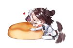 1girl :3 ahoge animal_ears blonde_hair brown_hair chibi closed_eyes dog_ears dog_girl dog_tail fang food full_body hachiko_of_castling heart kbn317 last_origin maid maid_headdress multicolored_hair oversized_food simple_background smile solo tail tail_wagging thigh-highs two-tone_hair white_background white_legwear 