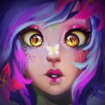  blue_hair butterfly close-up cross_eyed freckles hair_flower hair_ornament league_of_legends lips medium_hair neeko_(league_of_legends) open_mouth purple_hair two-tone_hair violet_hair yellow_eyes 