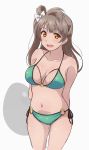  1girl arms_behind_back ascii_media_works bangs bikini bow breasts bushiroad collarbone commentary_request cowboy_shot cute green_bikini grey_background grey_hair hair_bow halterneck long_hair looking_at_viewer love_live! love_live!_school_idol_project medium_breasts minami_kotori navel o-ring o-ring_bikini one_side_up open_mouth orange_eyes side-tie_bikini solo sunrise_(studio) swimsuit turkey_min white_bow 