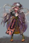 1girl black_nails blonde_hair breasts chinese_clothes fingernails hair_between_eyes halloween hat iroyihboushi jiangshi long_fingernails long_hair long_sleeves original outstretched_arms red_eyes short_eyebrows solo standing talisman torn_clothes twitter_username zombie_pose 