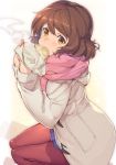  1girl alternate_costume baozi blue_skirt brown_eyes brown_hair brown_legwear eating feet_out_of_frame food hibike!_euphonium oumae_kumiko pantyhose pink_scarf scarf short_hair simple_background sitting skirt solo tarariko white_background white_coat winter_clothes 