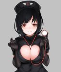  1girl between_breasts black_background black_gloves black_hair black_headwear blush breasts brown_eyes cleavage_cutout closed_mouth commentary gloves hat highres holding large_breasts nurse nurse_cap ompf original short_sleeves smile solo stethoscope upper_body 