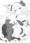  1girl :t animal_ears azur_lane bangs bare_shoulders bell blush bow breasts cake closed_mouth commentary_request dress earmuffs eating eyebrows_visible_through_hair food food_on_face fork fruit fur-trimmed_dress fur-trimmed_legwear fur_trim greyscale hair_between_eyes hair_bow highres holding holding_fork holding_plate knees_up laffey_(azur_lane) long_hair monochrome panties peko plate rabbit_ears shoe_soles shoes simple_background sleeveless sleeveless_dress slice_of_cake small_breasts solo strap_slip strawberry striped striped_panties twintails underwear very_long_hair white_background 