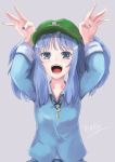  1girl :d arms_up artist_name bangs blue_eyes blue_hair blue_nails blue_shirt cabbie_hat commentary_request green_headwear grey_background hat highres kawashiro_nitori key long_hair long_sleeves looking_at_viewer merii_(merysann) nail_polish open_mouth shirt sidelocks signature simple_background smile solo touhou twintails upper_body 