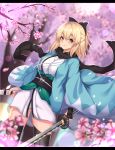  1girl absurdres ahoge bangs black_bow black_scarf blonde_hair blush bow breasts commentary_request eyebrows_visible_through_hair fate/grand_order fate_(series) hair_between_eyes hair_bow highres japanese_clothes kewcut99 kimono looking_at_viewer okita_souji_(fate) okita_souji_(fate)_(all) scarf short_hair smile solo sword thigh-highs weapon yellow_eyes 