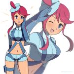  1girl :d arm_behind_back arm_up bare_legs blue_eyes blue_gloves blue_shirt blue_shorts breasts commentary cowboy_shot crop_top dark_skin elbow_gloves eyebrows_behind_hair facing_viewer flower fuuro_(pokemon) gloves groin gym_leader hair_flower hair_ornament hand_on_own_cheek highres large_breasts light_blush midriff navel one_eye_closed one_side_up open_mouth phiphi-au-thon pokemon pokemon_(game) pokemon_bw redhead shirt short_shorts shorts smile solo sparkle suspenders thigh_pouch thigh_strap tied_hair topknot twitter_username white_background zoom_layer 