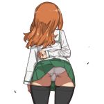  1girl arm_behind_back ass black_legwear brown_hair cowboy_shot from_behind girls_und_panzer green_skirt highres onsen_tamago_(hs_egg) panties skindentation skirt solo takebe_saori thigh-highs trefoil underwear white_background white_panties wind wind_lift 