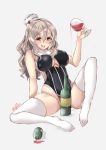  1girl adapted_costume alcohol alternate_costume armpits ascot black_leotard blonde_hair bottle braid breasts brown_eyes cleavage_cutout corset cup drinking_glass drunk eyebrows_visible_through_hair full_body grey_background grey_hair hair_between_eyes hat heart kantai_collection kuga_zankurou large_breasts leotard leotard_under_clothes long_hair long_sleeves looking_at_viewer mini_hat open_mouth pola_(kantai_collection) simple_background sitting solo text_focus thick_eyebrows thigh-highs tilted_headwear twitter_username wavy_hair white_legwear wine wine_bottle wine_glass 