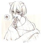  1girl animal_ears apple bangs blanket blush breasts brown_hair cat_ears collarbone commentary food fruit gloves greyscale hololive looking_at_viewer medium_breasts monochrome nosir_onadat parted_lips roboco-san roboco_ch. shirt short_hair solo spoken_food upper_body virtual_youtuber yellow_eyes 