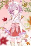  1girl :o amazake_(cafe-chan_to_break_time) autumn_leaves bangs blurry blurry_foreground braid brown_legwear cafe-chan_to_break_time commentary_request depth_of_field eyebrows_behind_hair frilled_skirt frills hair_ornament japanese_clothes kimono leaf long_hair looking_at_viewer maple_leaf parted_lips porurin purple_hair purple_ribbon red_skirt ribbon skirt sleeveless sleeveless_kimono solo thigh-highs twin_braids very_long_hair violet_eyes white_kimono wrist_ribbon 