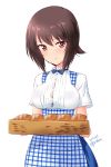  1girl apron bangs blue_apron blue_skirt bread breasts brown_eyes brown_hair bursting_breasts closed_mouth commentary dated dress_shirt employee_uniform eyebrows_visible_through_hair food girls_und_panzer high_collar highres holding holding_tray kobeya kuzuryuu_kennosuke large_breasts light_blush looking_at_viewer medium_skirt nishizumi_maho plaid plaid_apron shirt short_hair short_sleeves simple_background skirt smile solo standing tray twitter_username uniform white_background white_shirt 