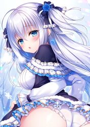  1girl ass blue_dress blue_eyes blush bow breasts commentary_request dress earrings eyebrows_visible_through_hair frilled_dress frilled_panties frills gothic_lolita grey_hair hair_between_eyes hair_bow heart heart-shaped_pupils holding_skirt jewelry lolita_fashion long_hair long_sleeves looking_at_viewer looking_back medium_breasts mitsuba_choco official_art open_mouth original outdoors panties silver_hair snowflakes solo symbol-shaped_pupils tree two_side_up underwear very_long_hair white_hair white_panties 