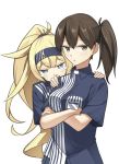  2girls bangs behind_another blonde_hair blue_eyes blue_shirt blush breasts brown_eyes brown_hair crossed_arms employee_uniform eyebrows_visible_through_hair gambier_bay_(kantai_collection) hairband highres kaga_(kantai_collection) kantai_collection lawson long_hair medium_breasts multiple_girls negahami ponytail shirt side_ponytail simple_background striped striped_shirt tearing_up tears uniform vertical-striped_shirt vertical_stripes white_background 