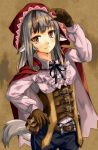  1girl animal_ears belt black_hair brown_gloves closed_mouth fang fire_emblem fire_emblem_fates fuussu_(21-kazin) gloves grey_hair highres hood hood_up long_hair long_sleeves multicolored_hair red_eyes solo streaked_hair tail velouria_(fire_emblem) wolf_ears wolf_tail 