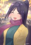  1girl :d arhah bangs blurry blurry_background blush brown_coat closed_eyes coat eyebrows_visible_through_hair green_shirt high_ponytail highres long_hair love_live! love_live!_sunshine!! matsuura_kanan open_mouth parted_bangs purple_scarf scarf shirt sidelocks signature smile solo upper_body upper_teeth 
