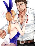  !? 1boy 1girl animal_ears ass backless_outfit blue_eyes blue_leotard blush breasts brown_hair brown_legwear bunny_girl bunny_tail bunnysuit chris_redfield detached_collar facial_hair fake_animal_ears fake_tail height_difference hetero jill_valentine large_breasts leotard low_ponytail muscle musical_note nagare pantyhose rabbit_ears resident_evil resident_evil_5 seamed_legwear strapless strapless_leotard stubble sweatdrop tail undone_necktie undressing_another wrist_cuffs 