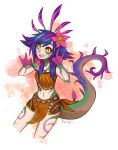  1girl antenna_hair arms_up artist_name blue_hair breasts crop_top eyebrows_visible_through_hair hair_flower hair_ornament happy jewelry league_of_legends looking_at_viewer monster_girl navel necklace neeko_(league_of_legends) open_mouth pelvic_curtain purple_hair sidelocks slit_pupils small_breasts smile solo spiky_hair standing tail tattoo tribal two-tone_hair yellow_eyes 