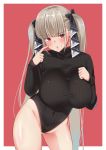  absurdres alternate_costume azur_lane blush breasts covered_navel cowboy_shot formidable_(azur_lane) groin hair_ribbon highres large_breasts meme_attire nanohana_linestamp pink_eyes ribbed_sweater ribbon silver_hair sleeves_past_wrists sweater taut_clothes turtleneck_leotard twintails two-tone_ribbon 