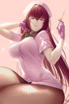  1girl bangs blush breasts closed_mouth dress fate/grand_order fate_(series) fishnet_legwear fishnets glasses gloves hair_between_eyes hat large_breasts long_hair looking_at_viewer nurse_cap okitakung pink_gloves purple_hair red_eyes scathach_(fate)_(all) scathach_(fate/grand_order) short_dress sitting smile solo sparkle syringe thighs white_dress 