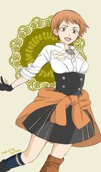  1girl breasts dated fire_emblem fire_emblem:_three_houses garreg_mach_monastery_uniform gloves leonie_pinelli medium_breasts miisa open_mouth orange_eyes orange_hair outstretched_arms partly_fingerless_gloves short_hair signature sleeves_rolled_up 