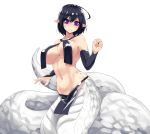  1girl bangs bare_shoulders black_gloves black_hair breasts bridal_gauntlets collarbone elbow_gloves eyebrows_visible_through_hair gloves hair_between_eyes highres lamia large_breasts looking_at_viewer monster_girl navel original pelvic_curtain pointy_ears scales short_hair simple_background solo stomach sub-res violet_eyes white_background 