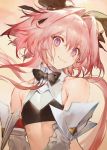  1boy astolfo_(fate) astolfo_(saber)_(fate) bangs bare_shoulders black_bow black_ribbon blush bow bowtie detached_sleeves eyebrows_visible_through_hair fate/grand_order fate_(series) hair_between_eyes hair_bow hair_intakes hair_ornament hair_ribbon kodama_(wa-ka-me) long_hair looking_at_viewer multicolored_hair otoko_no_ko pink_hair ribbon smile solo streaked_hair twintails upper_body violet_eyes white_hair 