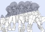  5girls ;) ahoge akiyama_yukari bangs blue_background blunt_bangs boots closed_eyes closed_mouth commentary eyebrows_visible_through_hair girls_und_panzer greyscale hairband holding_hands isuzu_hana jacket lineart long_hair long_sleeves looking_at_viewer messy_hair military military_uniform miniskirt mituki_(mitukiiro) monochrome multiple_girls nishizumi_miho one_eye_closed ooarai_military_uniform pleated_skirt reizei_mako shirt side-by-side sitting skirt sleeping smile socks takebe_saori thigh-highs uniform zipper 