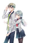  1boy 1girl bangs black_bow black_pants black_skirt blue_eyes blush bow brown_hair brown_legwear closed_mouth commentary_request eyebrows_visible_through_hair goggles goggles_on_head green_eyes green_shirt grey_hair grey_jacket hair_between_eyes hair_bow jacket long_hair long_sleeves looking_at_viewer low_ponytail mole mole_under_mouth open_clothes open_jacket open_mouth original outstretched_arms pants pantyhose pleated_skirt ponytail qlakwnd red_neckwear shirt simple_background skirt white_background white_shirt 